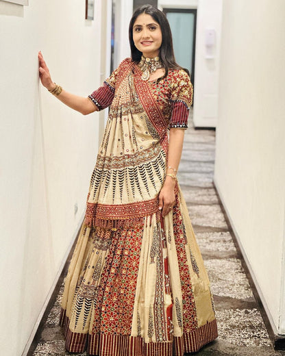 Beige Ethnic Printed Lehenga Set for Navratri and Garba for Women