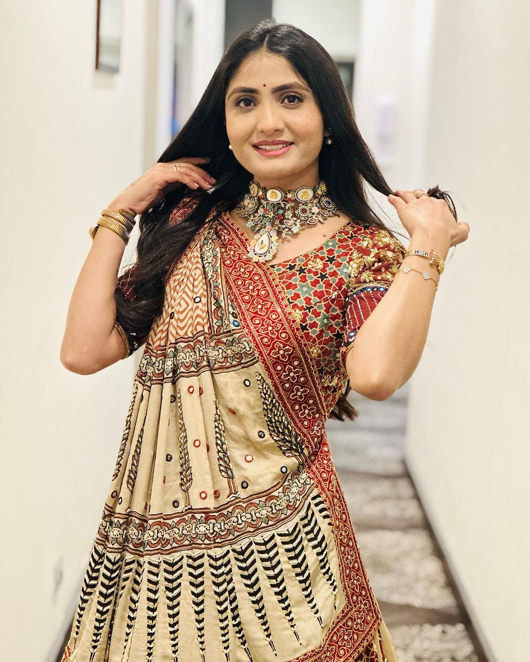 Beige Ethnic Printed Lehenga Set for Navratri and Garba for Women