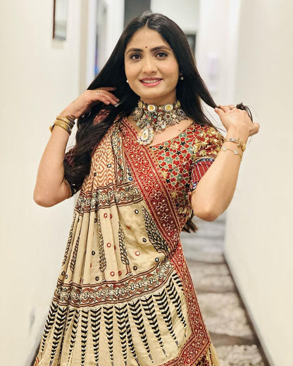 Beige Ethnic Printed Lehenga Set for Navratri and Garba for Women