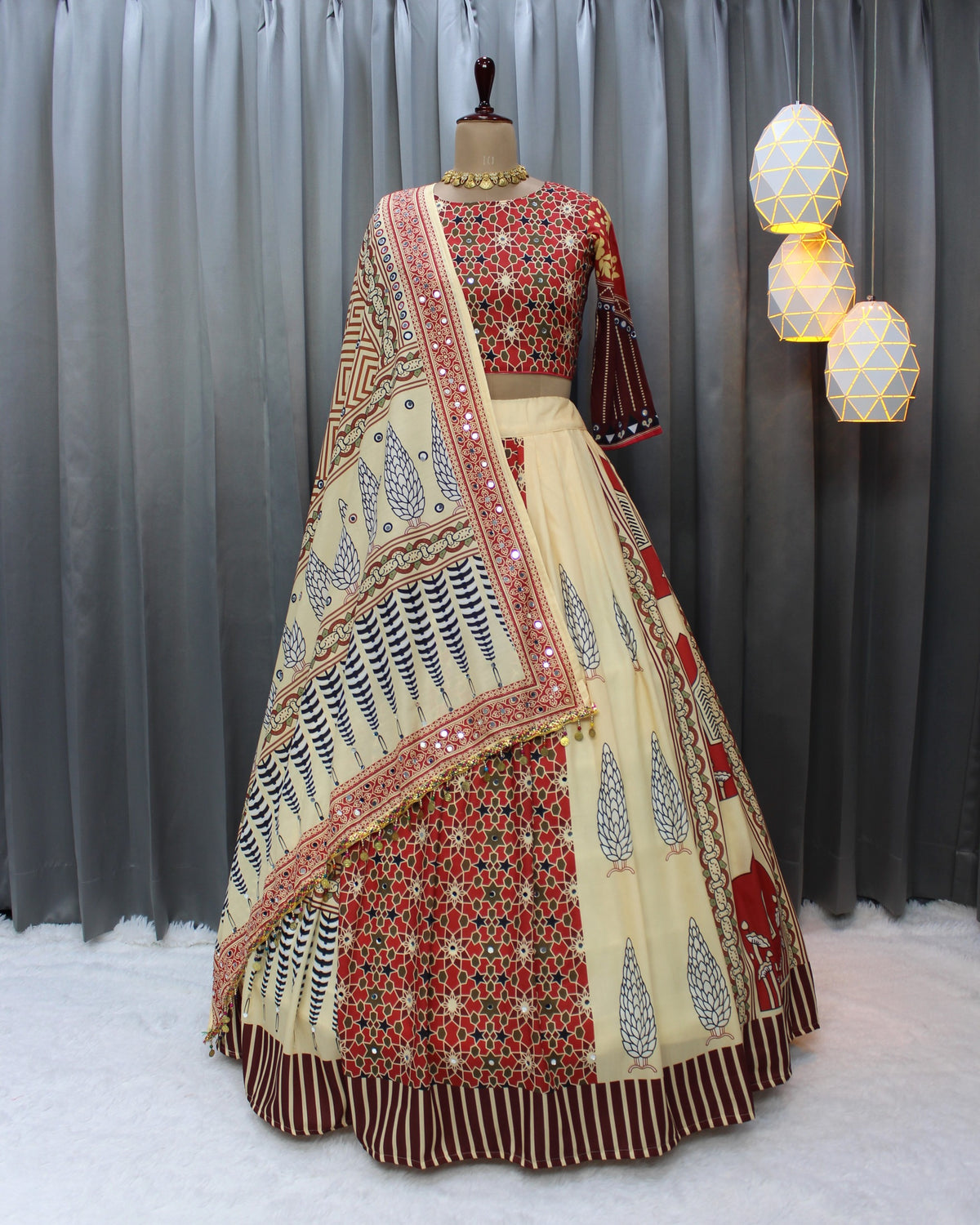 Beige Ethnic Printed Lehenga Set for Navratri and Garba for Women