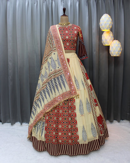 Beige Ethnic Printed Lehenga Set for Navratri and Garba for Women
