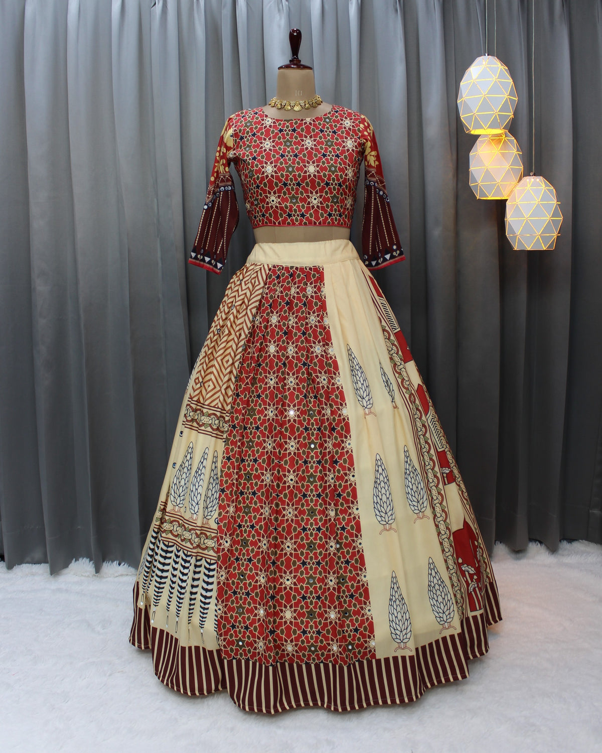 Beige Ethnic Printed Lehenga Set for Navratri and Garba for Women