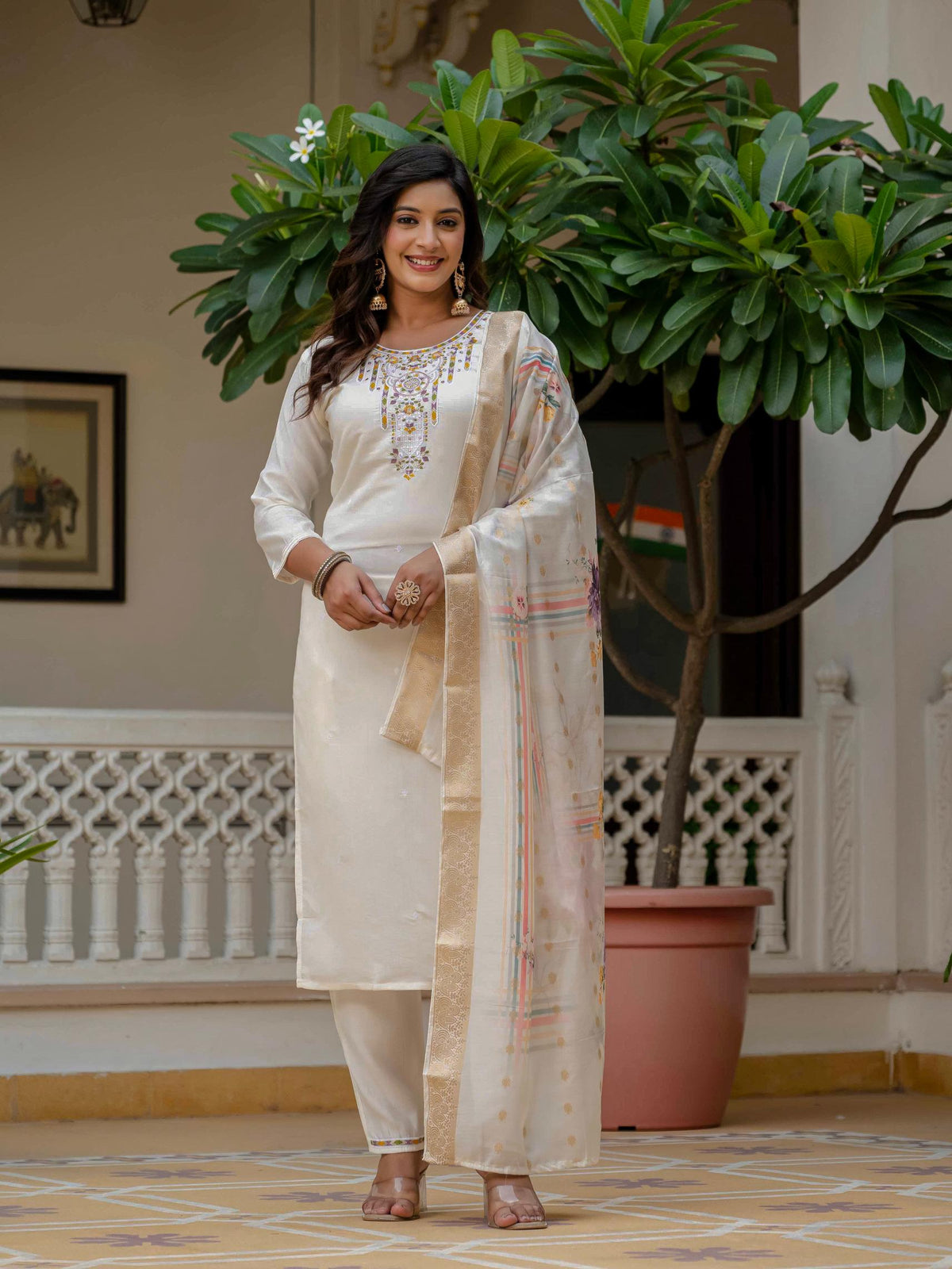 Beige Roman Silk Elite Embroidered Suit Set for Women