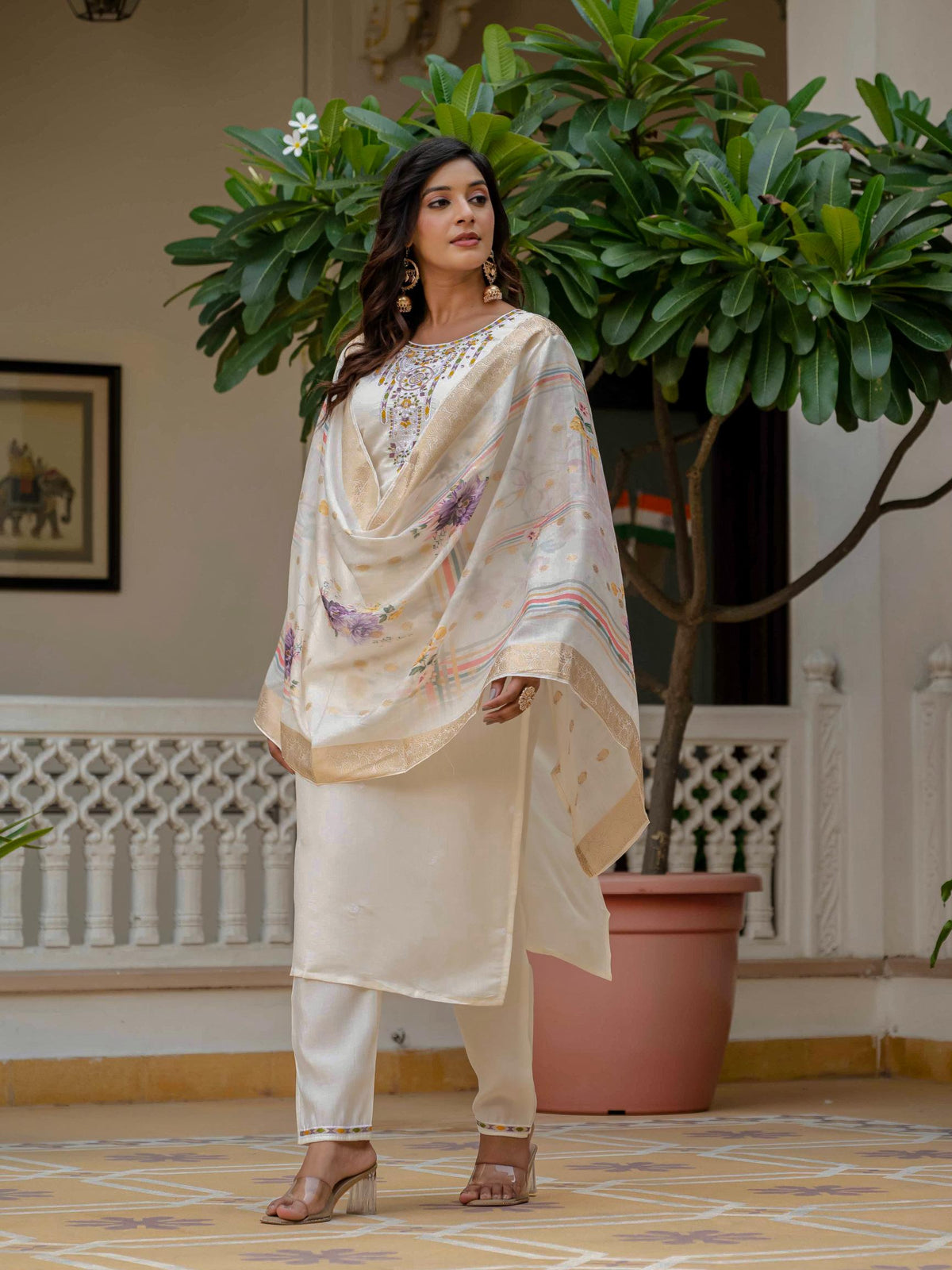 Beige Roman Silk Elite Embroidered Suit Set for Women