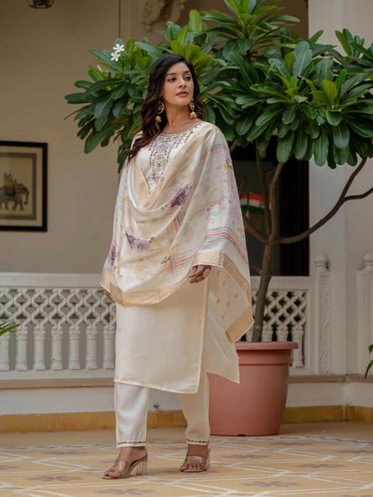 Beige Roman Silk Elite Embroidered Suit Set for Women