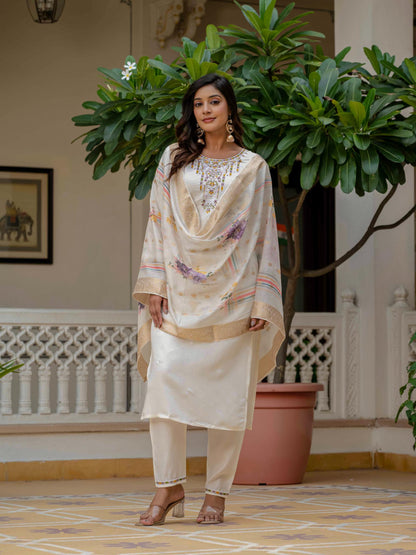 Beige Roman Silk Elite Embroidered Suit Set for Women