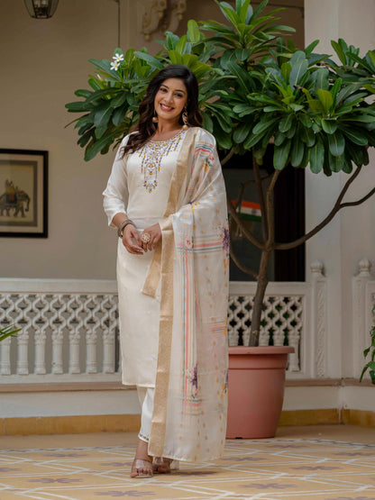 Beige Roman Silk Elite Embroidered Suit Set for Women
