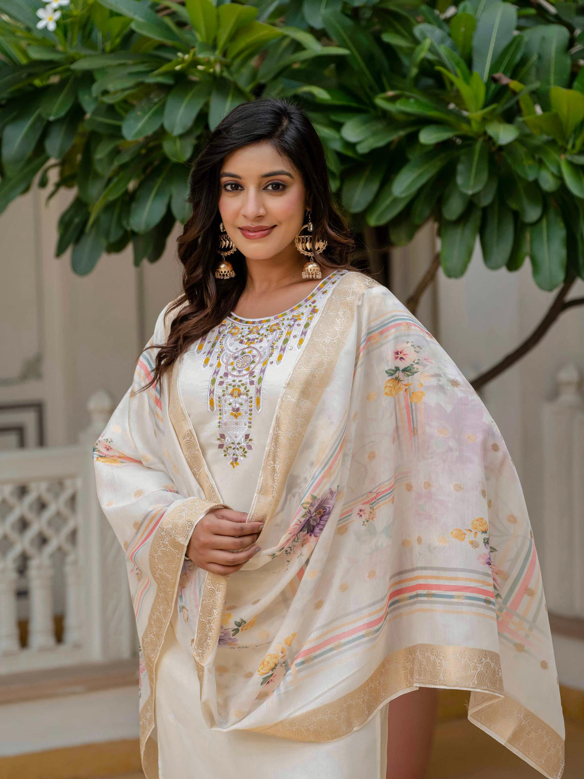 Beige Roman Silk Elite Embroidered Suit Set for Women