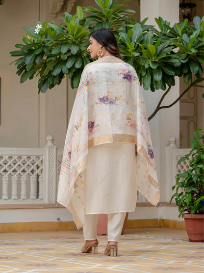 Beige Roman Silk Elite Embroidered Suit Set for Women
