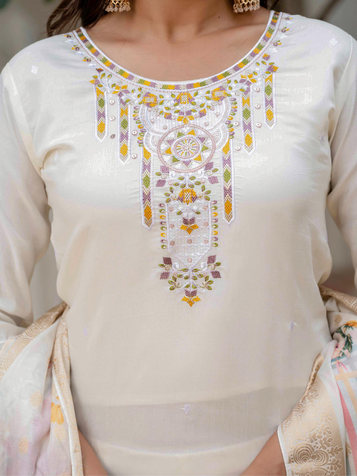 Beige Roman Silk Elite Embroidered Suit Set for Women