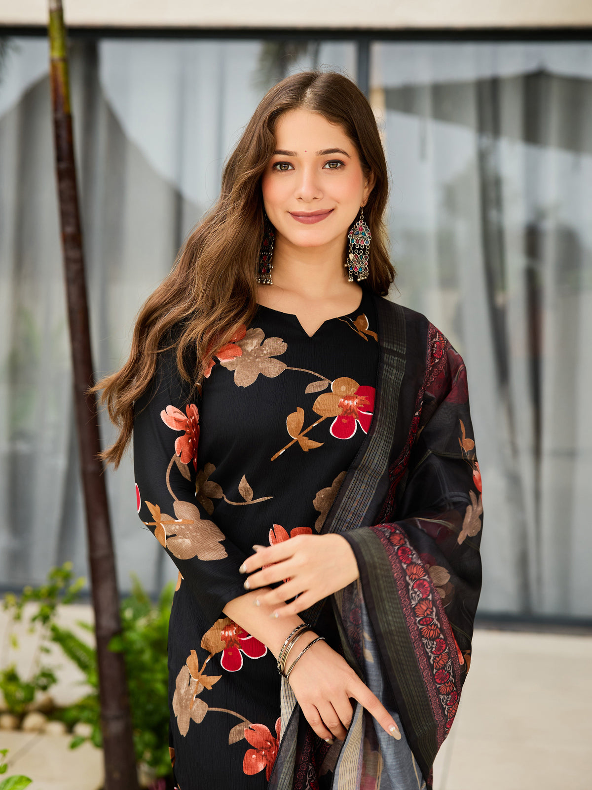 Black Floral Silk Blend Kurta Pant Dupatta Set Women for Women