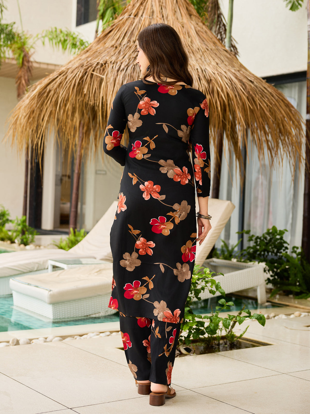 Black Floral Silk Blend Kurta Pant Dupatta Set Women for Women