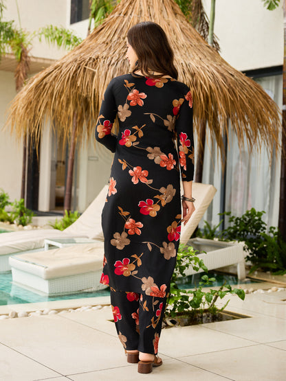 Black Floral Silk Blend Kurta Pant Dupatta Set Women for Women
