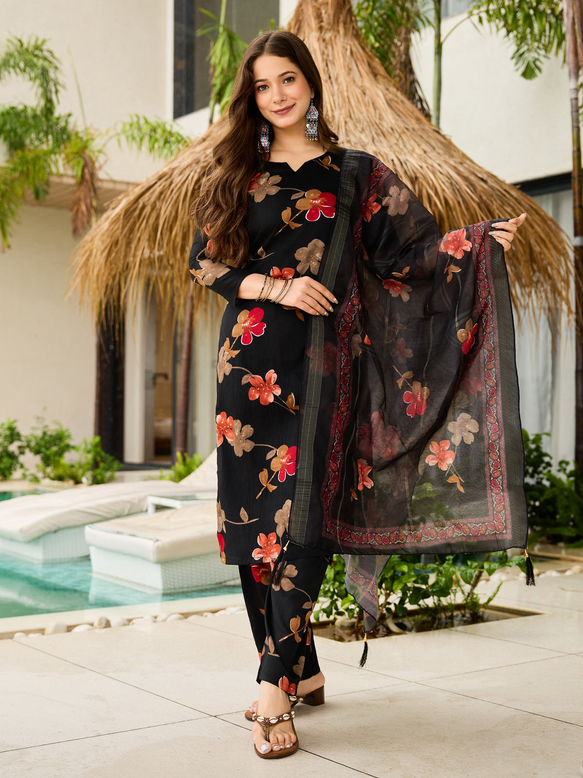 Black Floral Silk Blend Kurta Pant Dupatta Set Women for Women