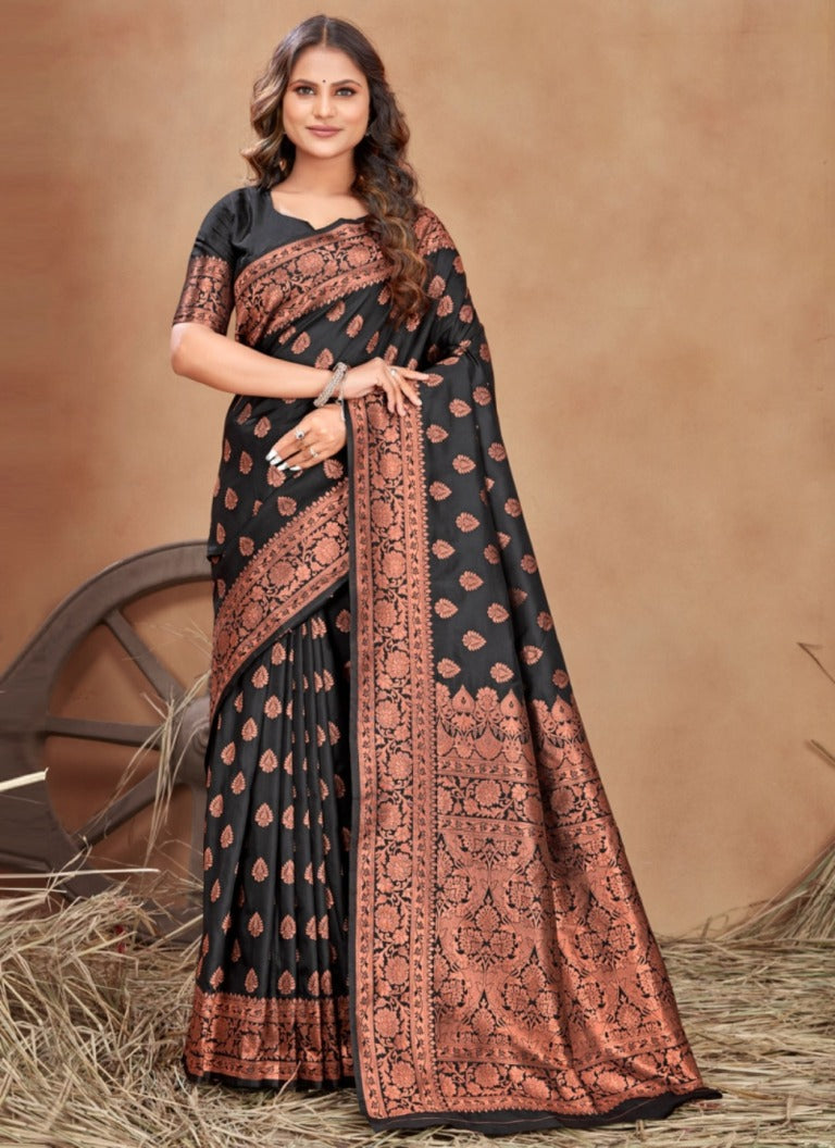 Black Copper Zari Banarasi Soft Silk Saree Online