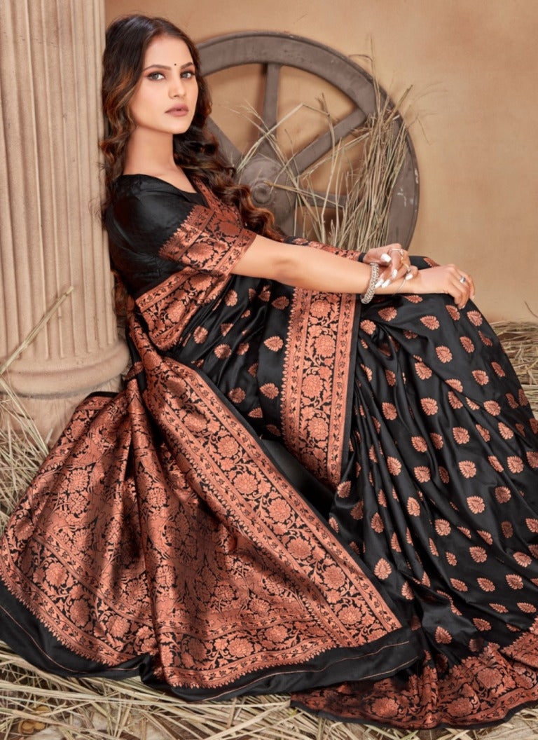 Black Copper Zari Banarasi Soft Silk Saree for Women