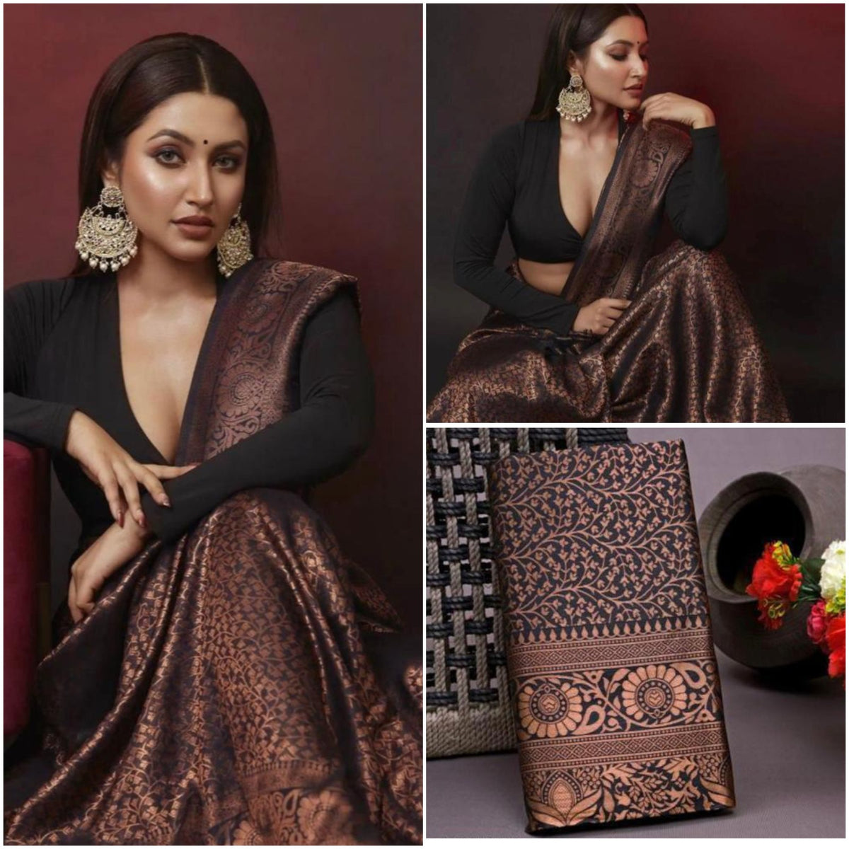 Black Copper Lichi Silk Saree with Rich Jacquard Work for Women