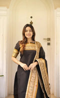 Black Kanchi Cotton Jacquard Kurti with Woven Dupatta Set