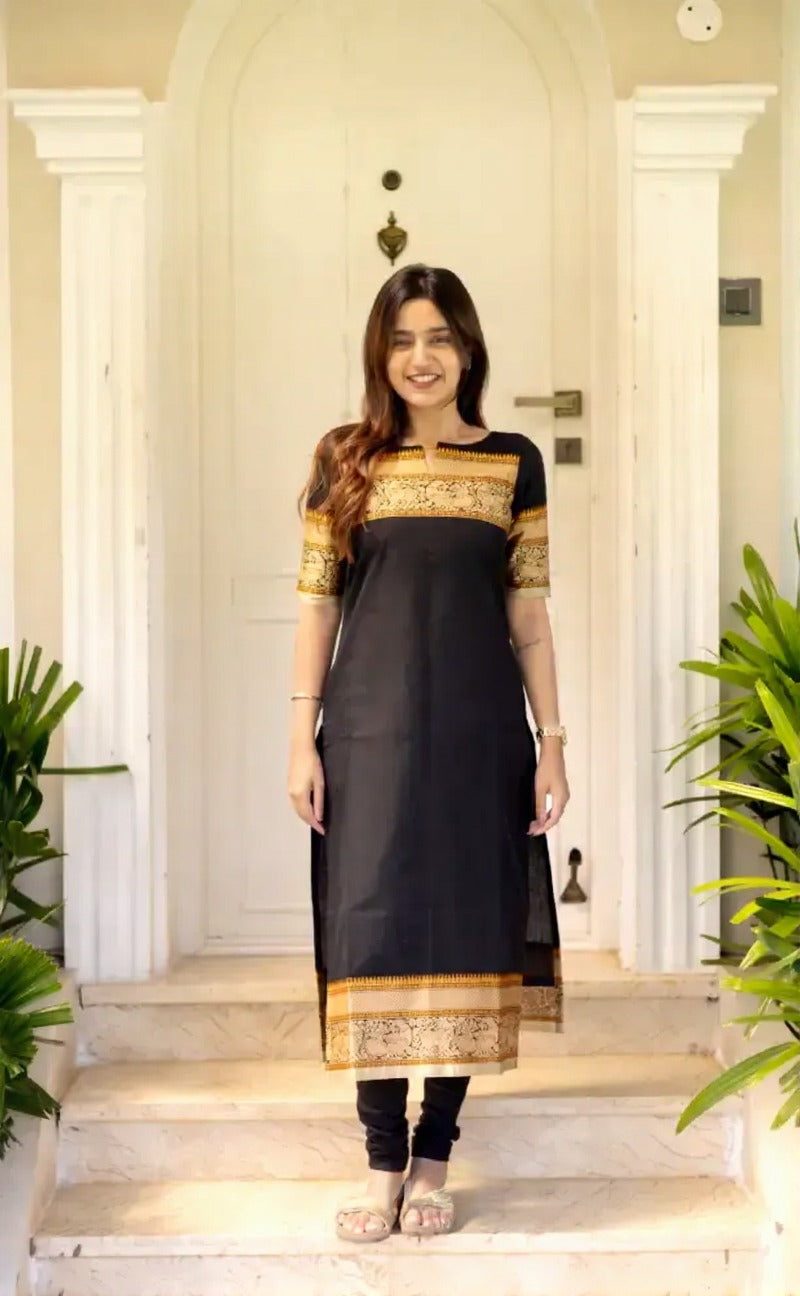 Black Kanchi Cotton Jacquard Kurti with Woven Dupatta Set for Women