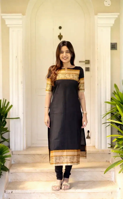 Black Kanchi Cotton Jacquard Kurti with Woven Dupatta Set for Women