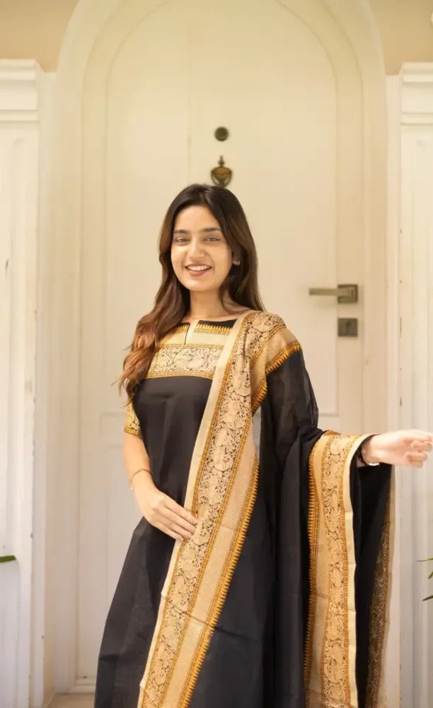 Black Kanchi Cotton Jacquard Kurti with Woven Dupatta Set for Women