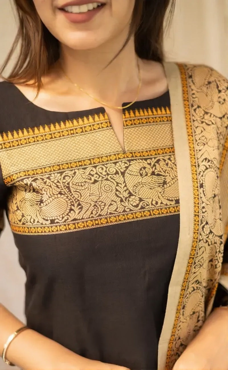 Black Kanchi Cotton Jacquard Kurti with Woven Dupatta Set for Women