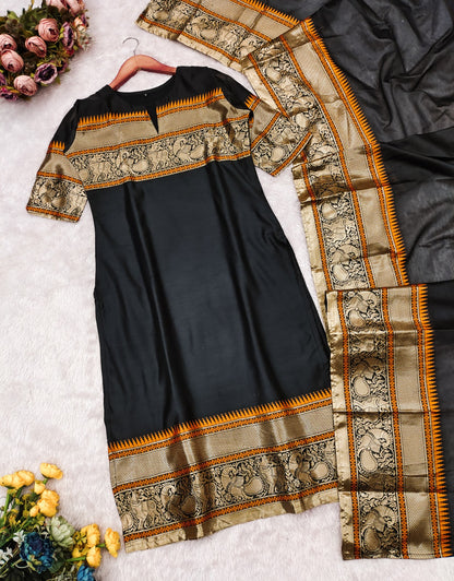 Black Kanchi Cotton Jacquard Kurti with Woven Dupatta Set for Women