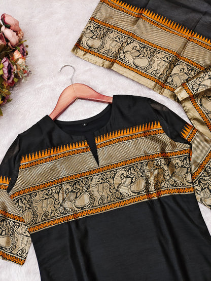 Black Kanchi Cotton Jacquard Kurti with Woven Dupatta Set for Women