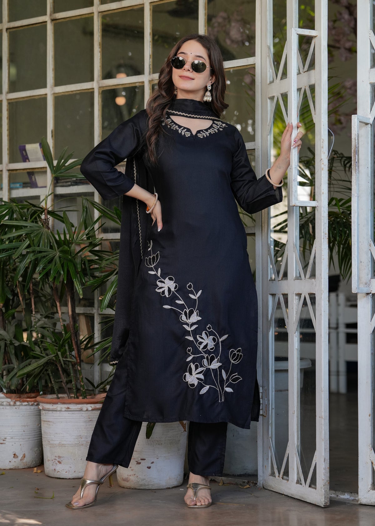 Black Designer Threadwork Suit with Chinon Dupatta for Women