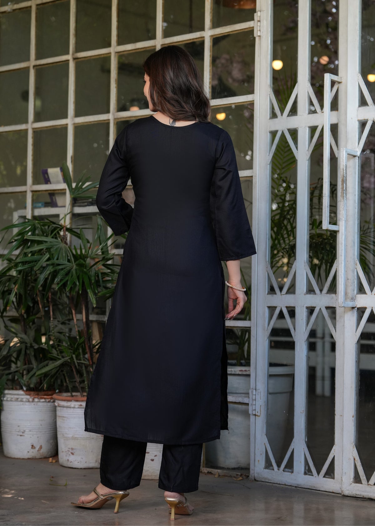 Black Designer Threadwork Suit with Chinon Dupatta for Women