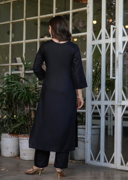 Black Designer Threadwork Suit with Chinon Dupatta for Women