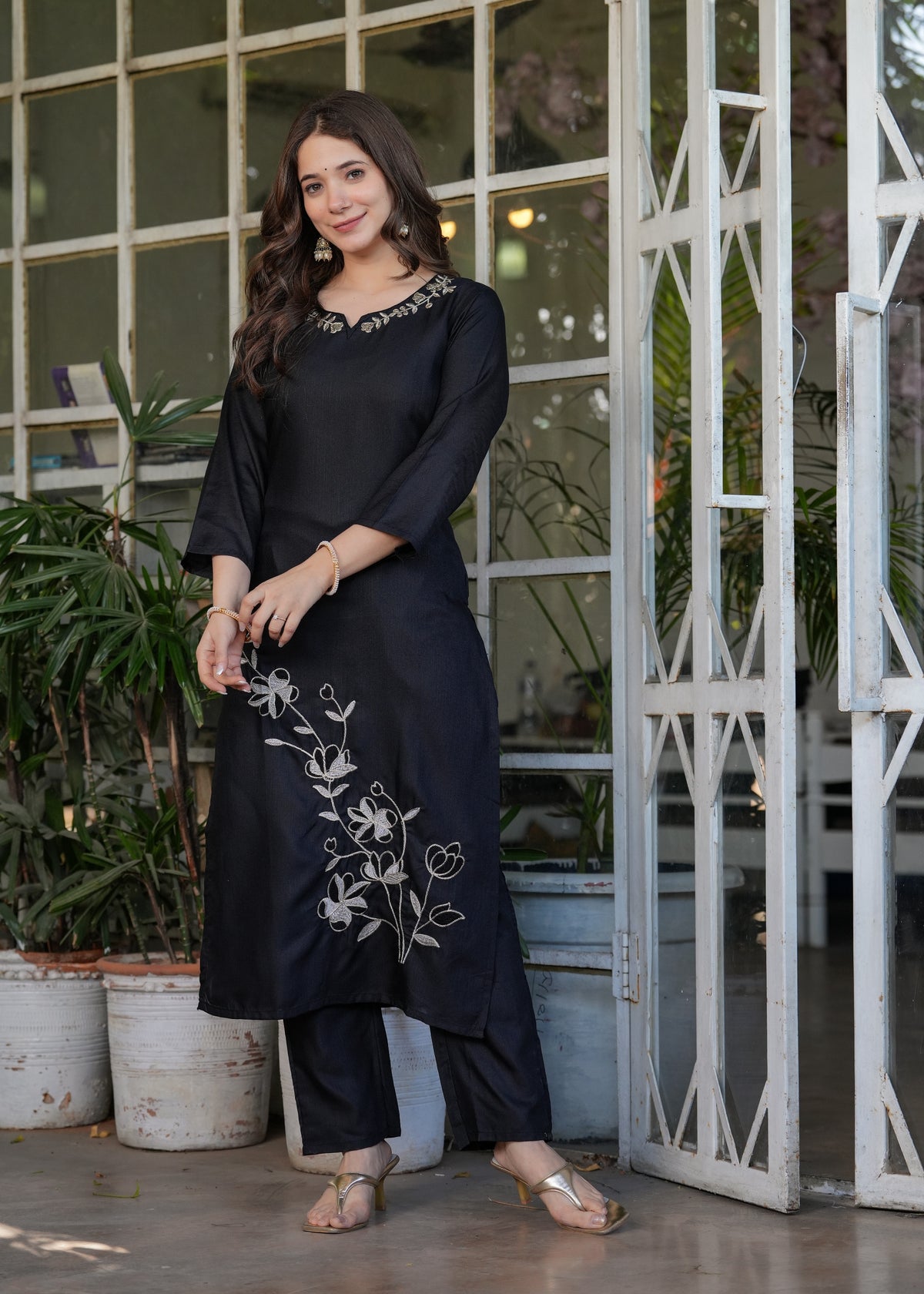 Black Designer Threadwork Suit with Chinon Dupatta for Women