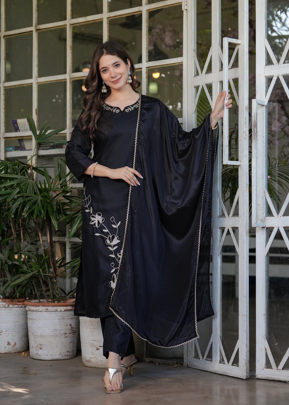 Black Designer Threadwork Suit with Chinon Dupatta for Women