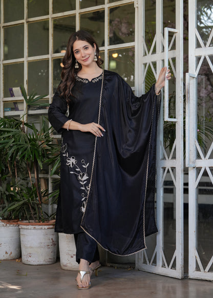 Black Designer Threadwork Suit with Chinon Dupatta for Women
