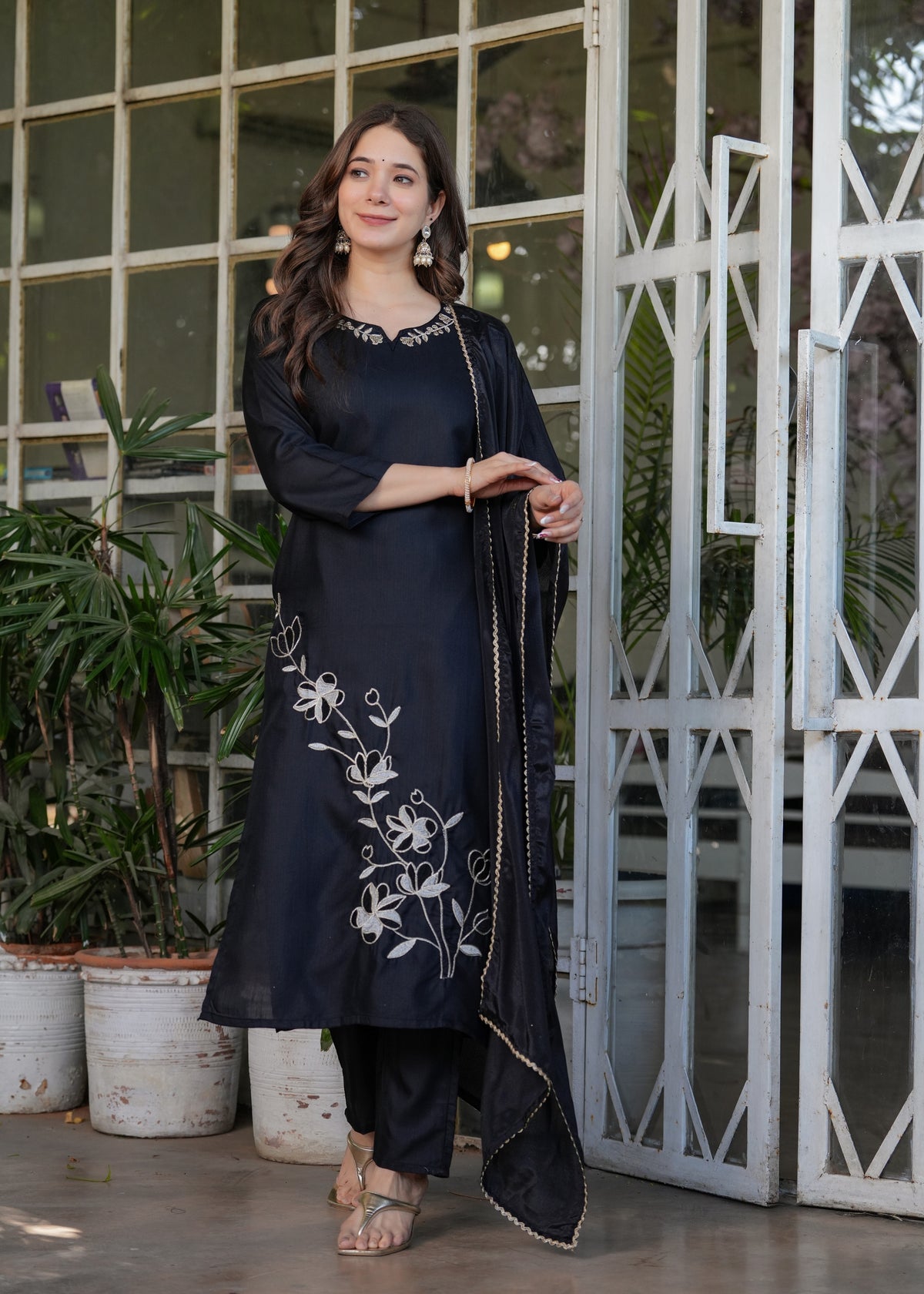 Black Designer Threadwork Suit with Chinon Dupatta for Women