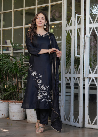 Black Designer Threadwork Suit with Chinon Dupatta for Women
