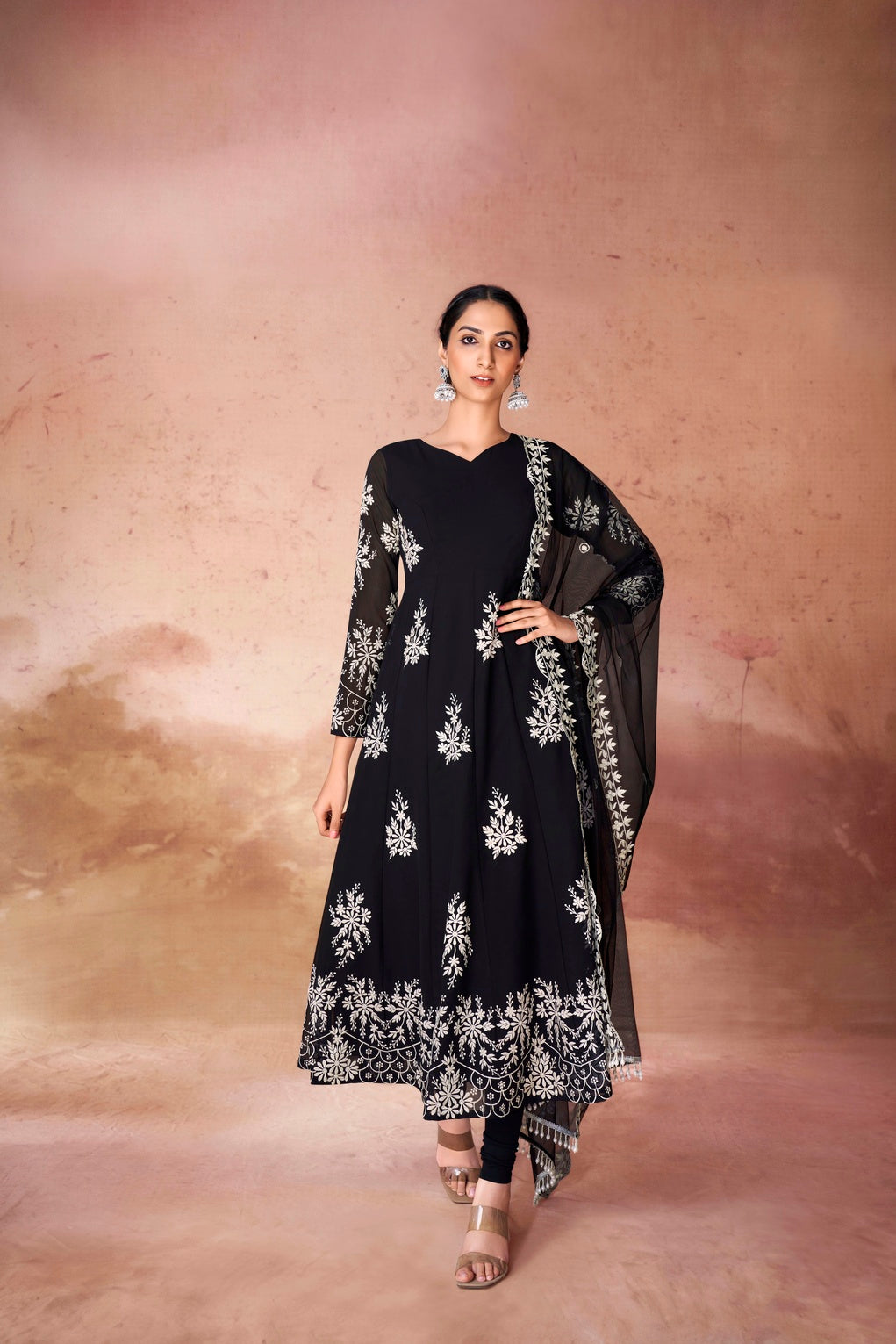 Black Anarkali Kurta Set With Georgette Pants