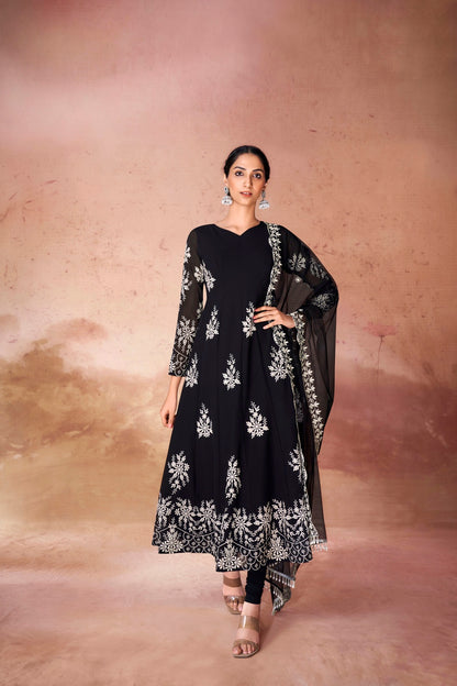 Black Anarkali Kurta Set With Georgette Pants for Women