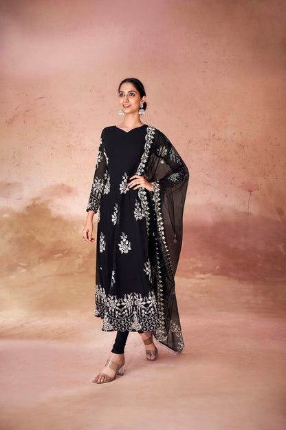 Black Anarkali Kurta Set With Georgette Pants for Women
