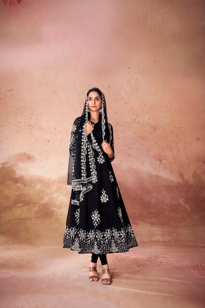 Black Anarkali Kurta Set With Georgette Pants for Women