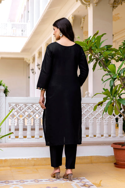 Black Embroidered Chanderi Kurti Pant Dupatta Set for Women