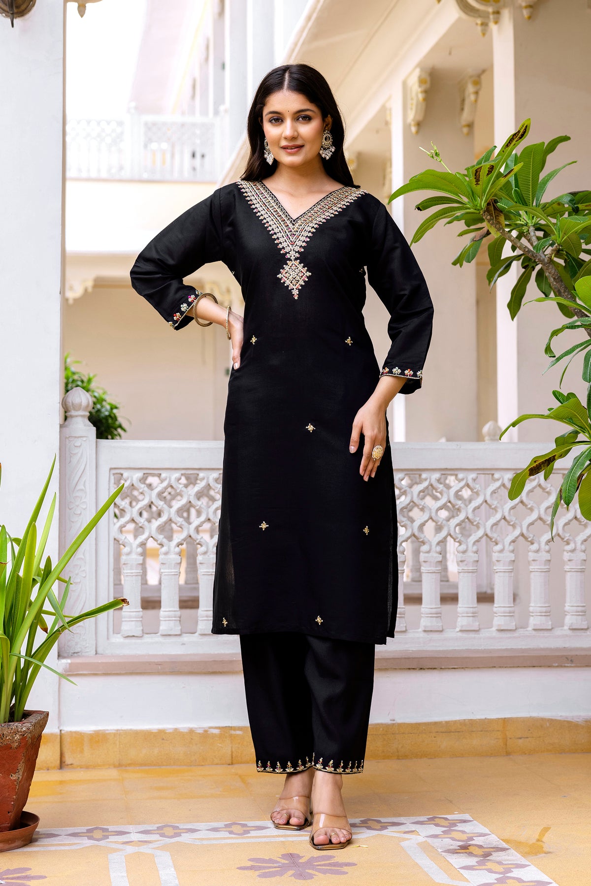 Black Embroidered Chanderi Kurti Pant Dupatta Set for Women