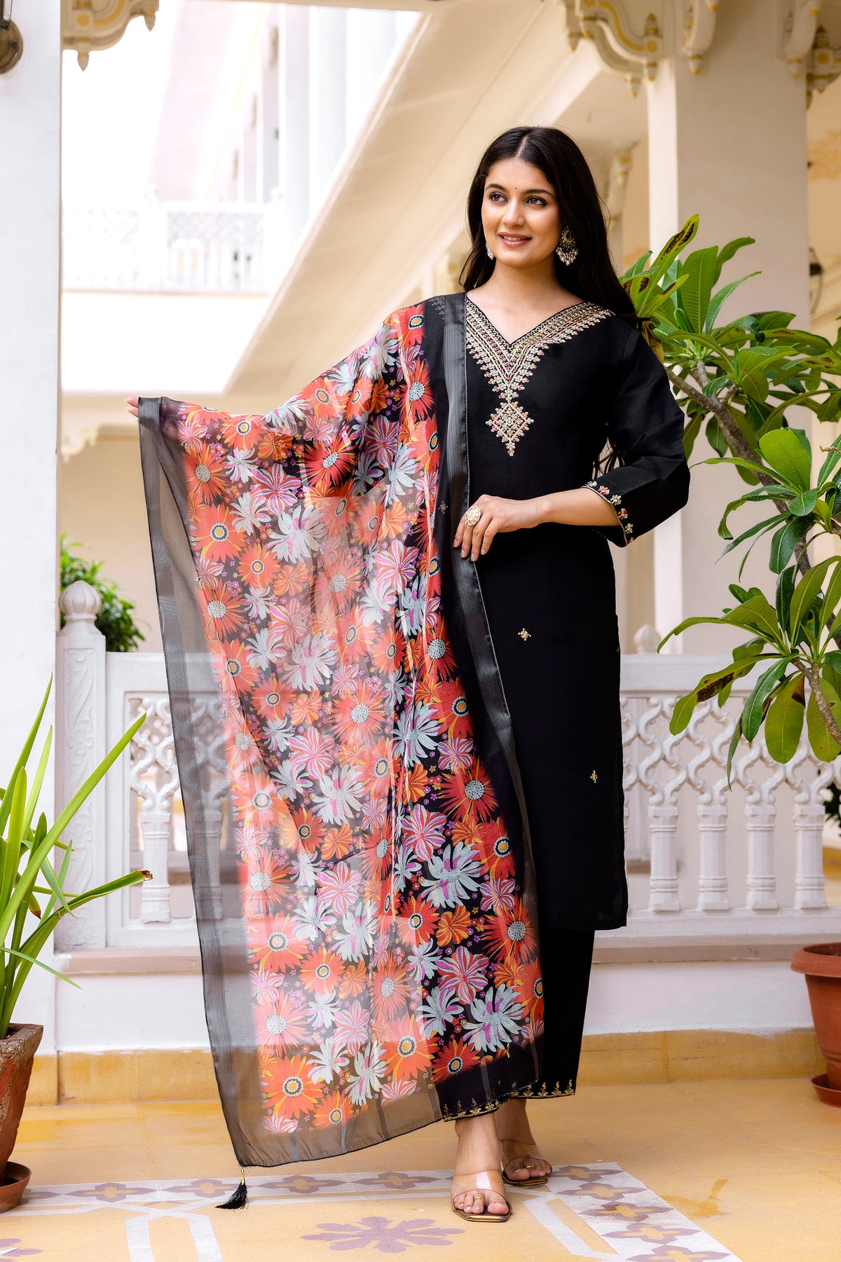 Black Embroidered Chanderi Kurti Pant Dupatta Set for Women