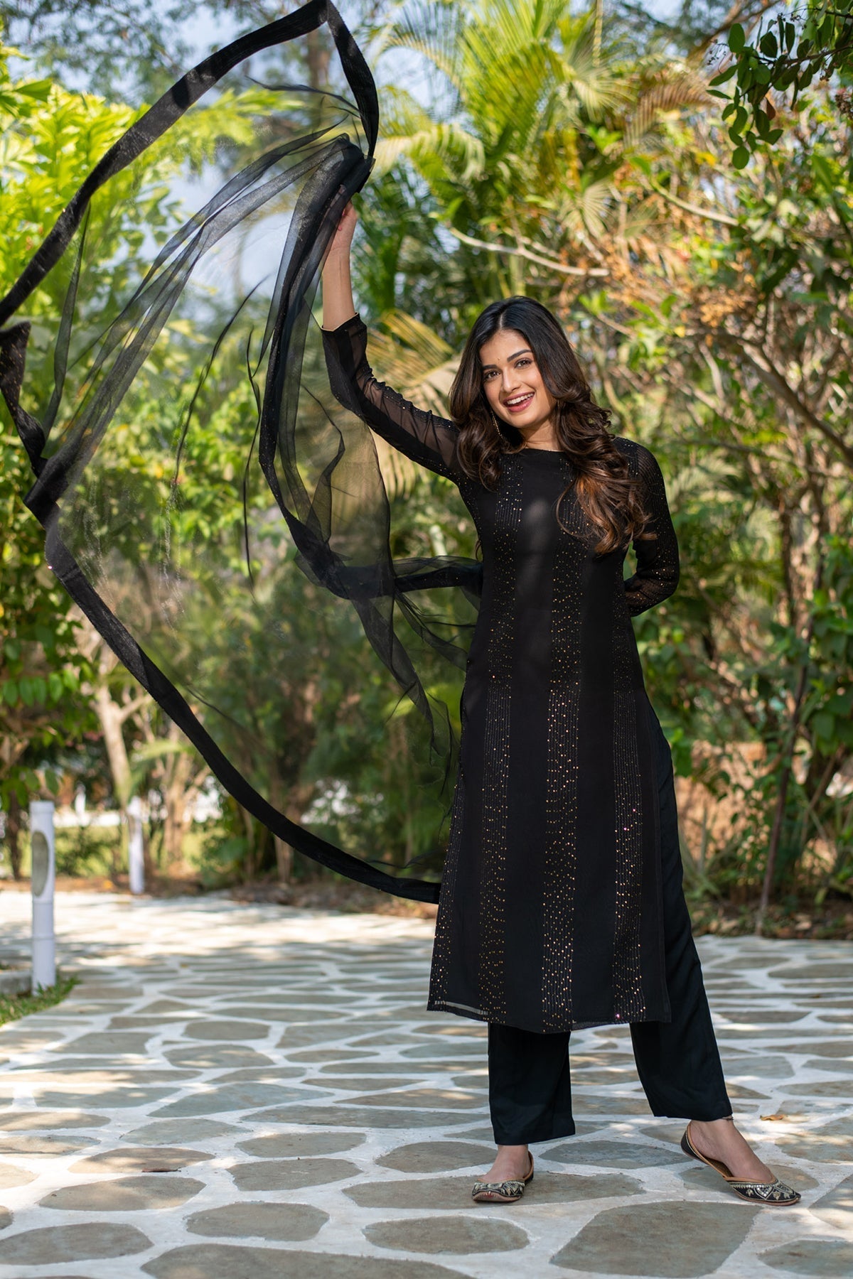 Black Embroidered Georgette Kurta Set with Dupatta
