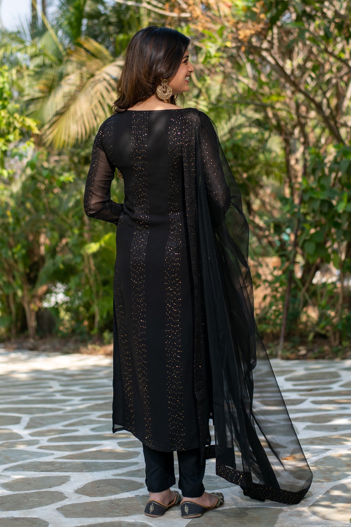 Black Embroidered Georgette Kurta Set with Dupatta for Women