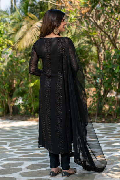 Black Embroidered Georgette Kurta Set with Dupatta for Women