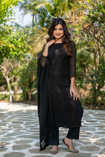 Black Embroidered Georgette Kurta Set with Dupatta for Women