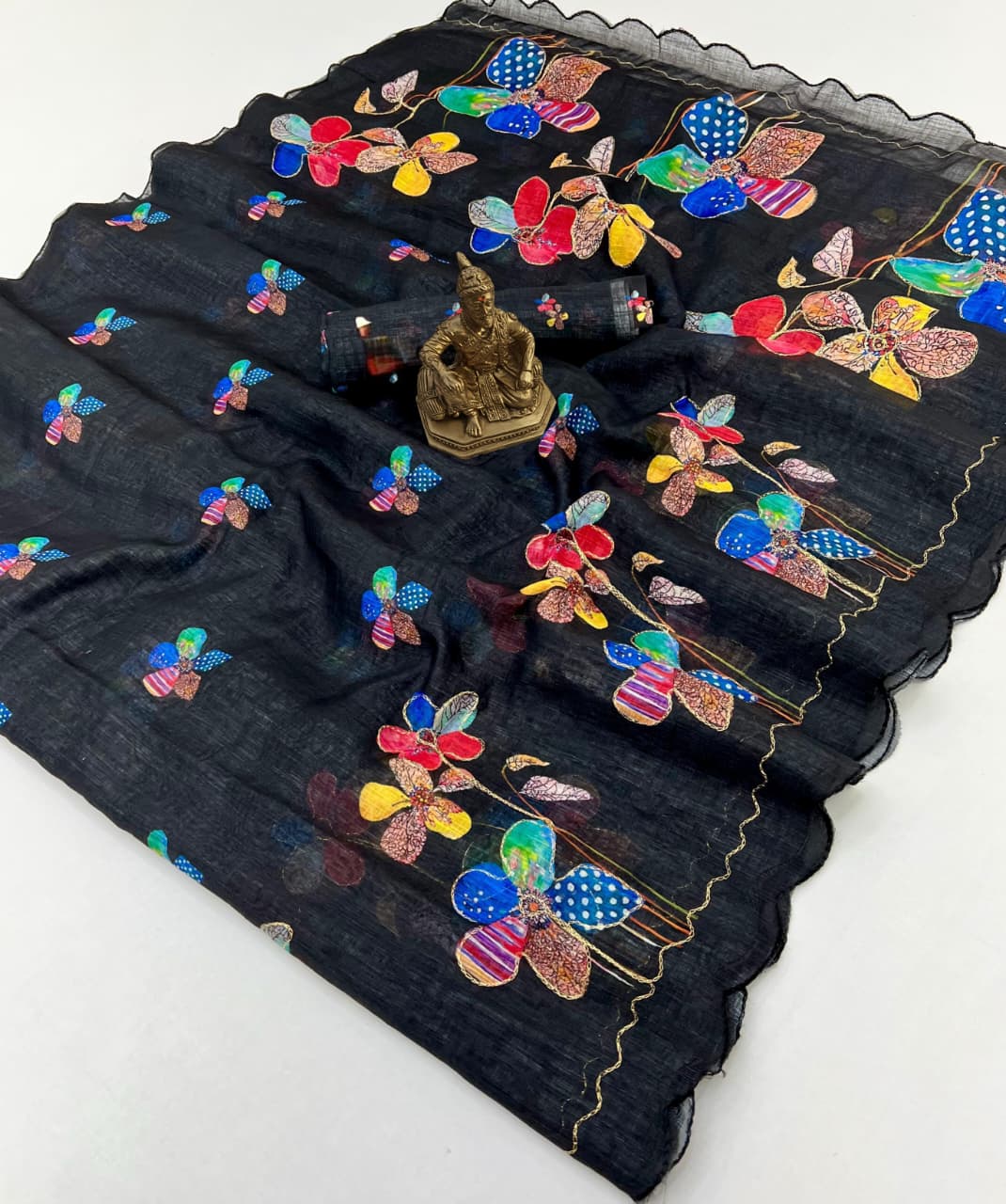 Black Floral Aari Work Linen Saree India for Women