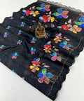 Black Floral Aari Work Linen Saree Online India