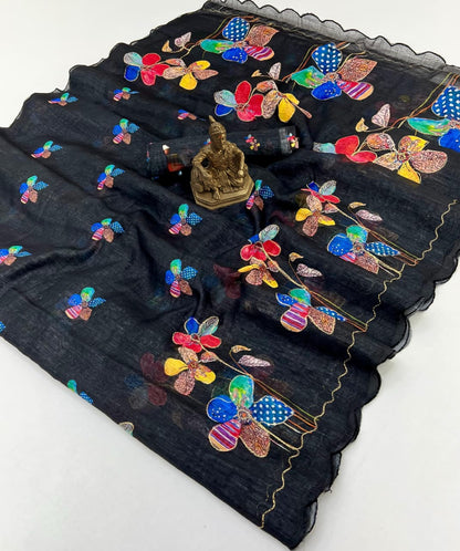 Black Floral Aari Work Linen Saree India for Women